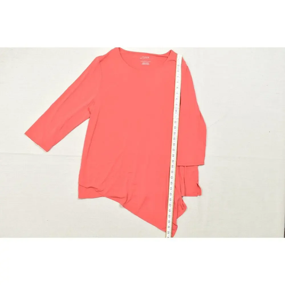 Chico's The Ultimate Tee Size 2 Coral Pink Asymmetrical Hem 3/4 Sleeve Top Polye